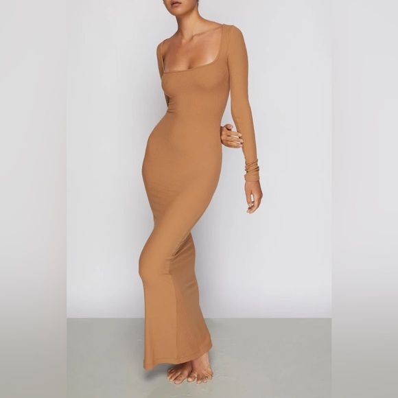 Skims Soft Lounge Long Sleeve Dress in Camel - Picture 1 of 4